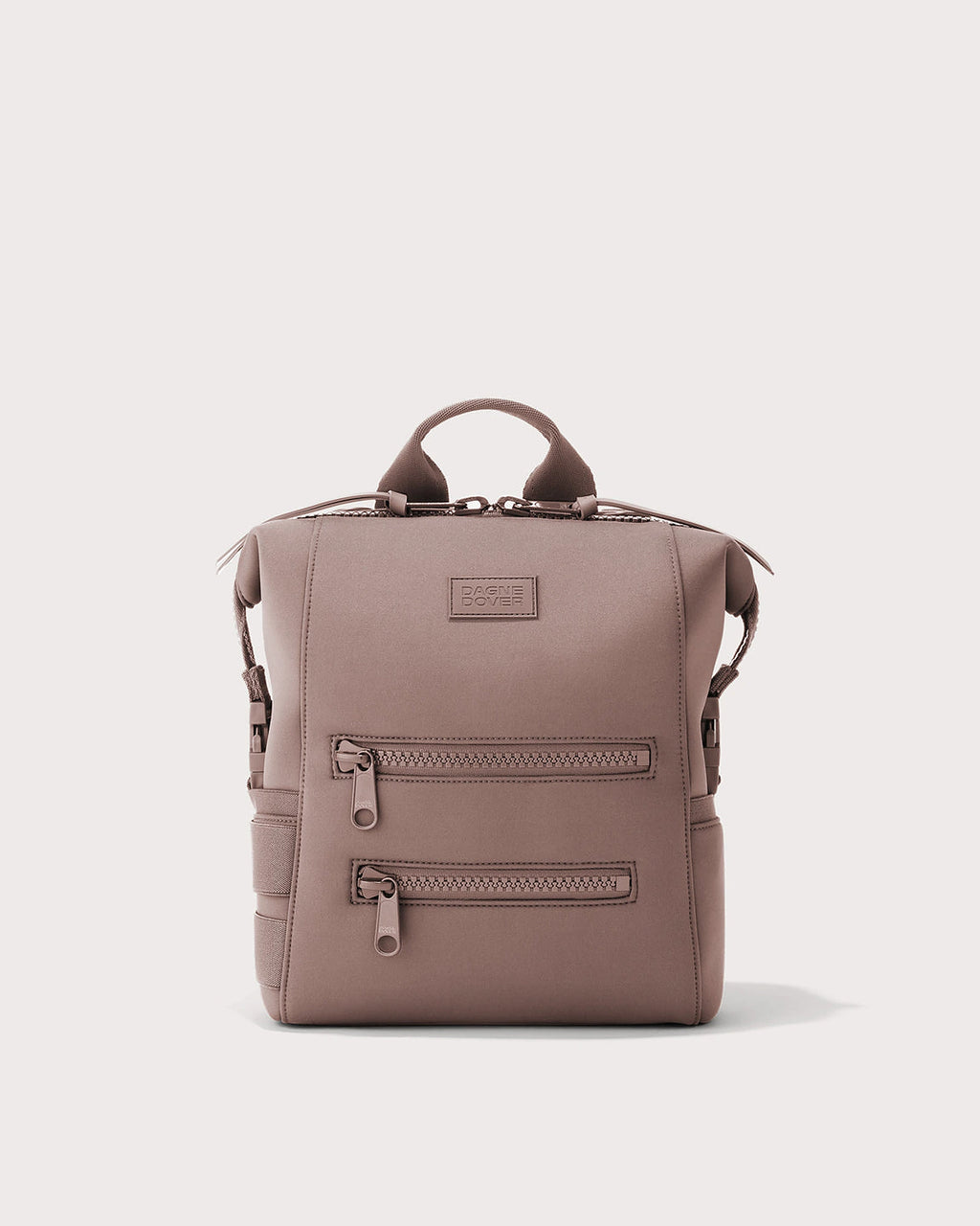 Women's Neoprene Diaper Backpack with Top Handle and Double Zip Front Pockets in Taupe – Thea Mae