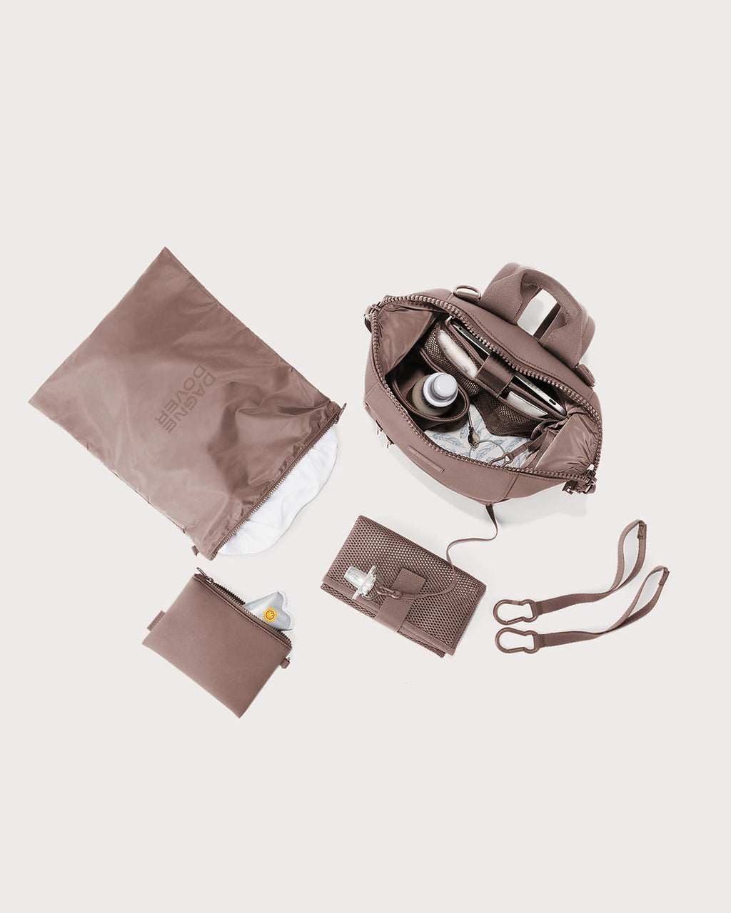 Women's Neoprene Diaper Backpack with Top Handle and Double Zip Front Pockets in Taupe – Thea Mae