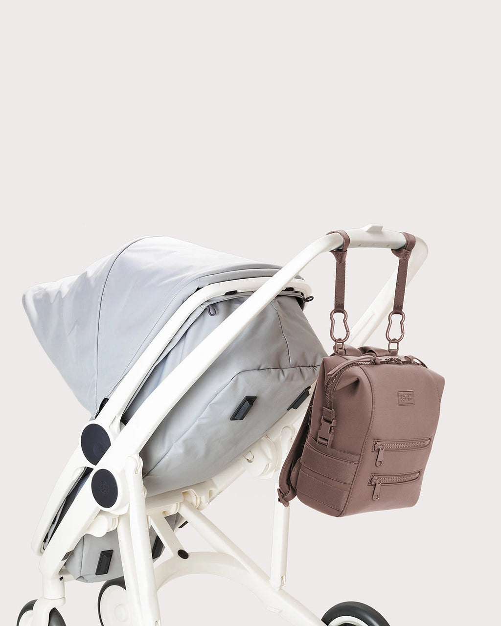 Women's Neoprene Diaper Backpack with Top Handle and Double Zip Front Pockets in Taupe – Thea Mae
