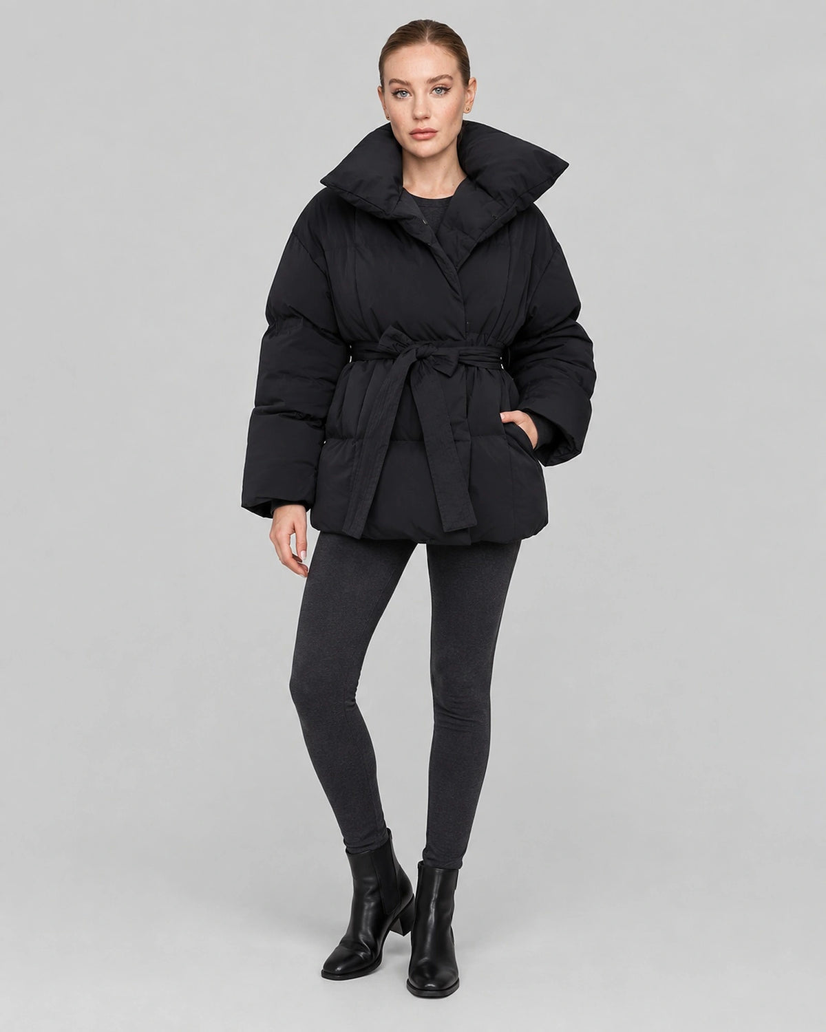 Women's Puffer Jacket with Funnel Neck and Belted Waist, Oversized Fit – Giselle
