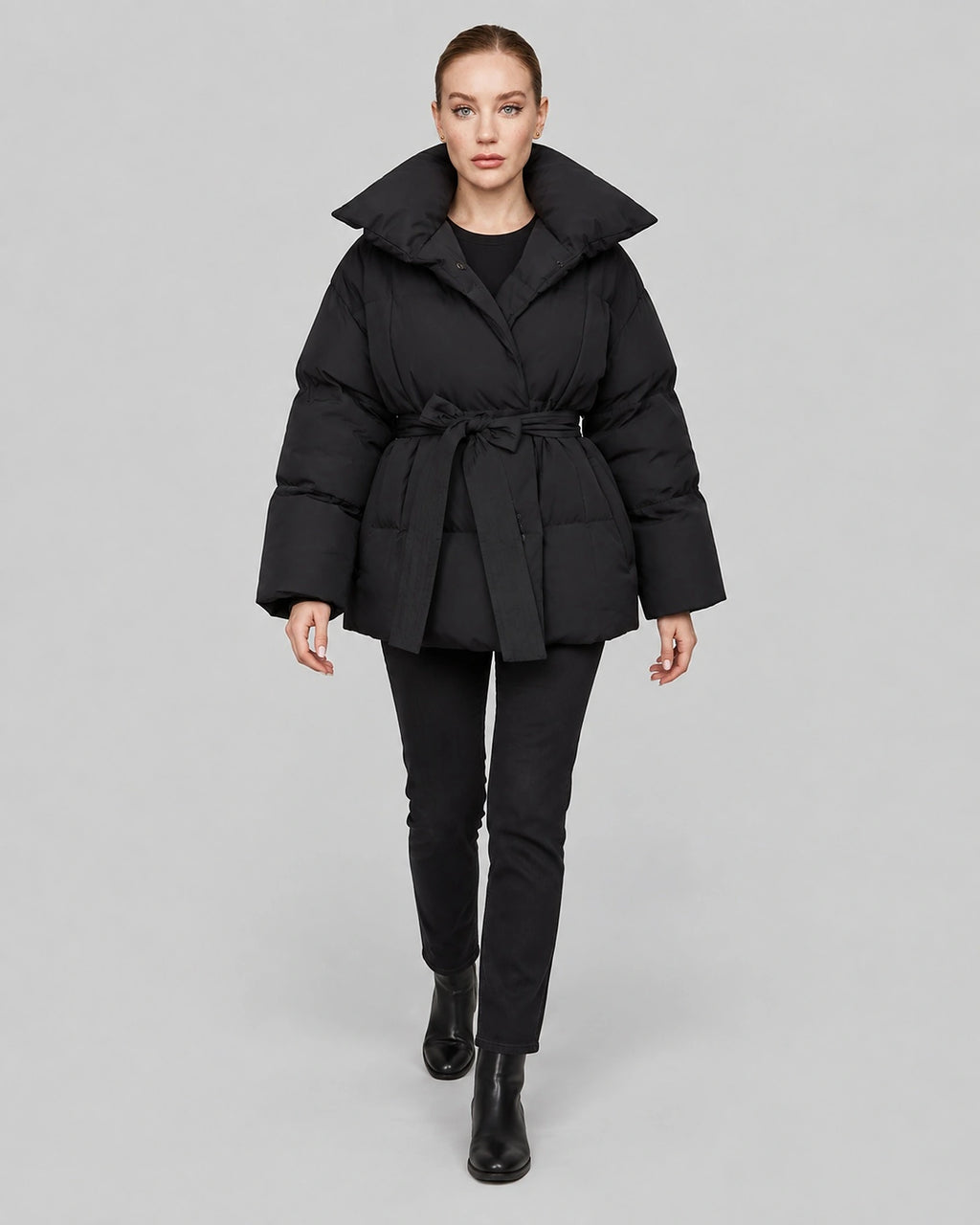 Women's Puffer Jacket with Funnel Neck and Belted Waist, Oversized Fit – Giselle