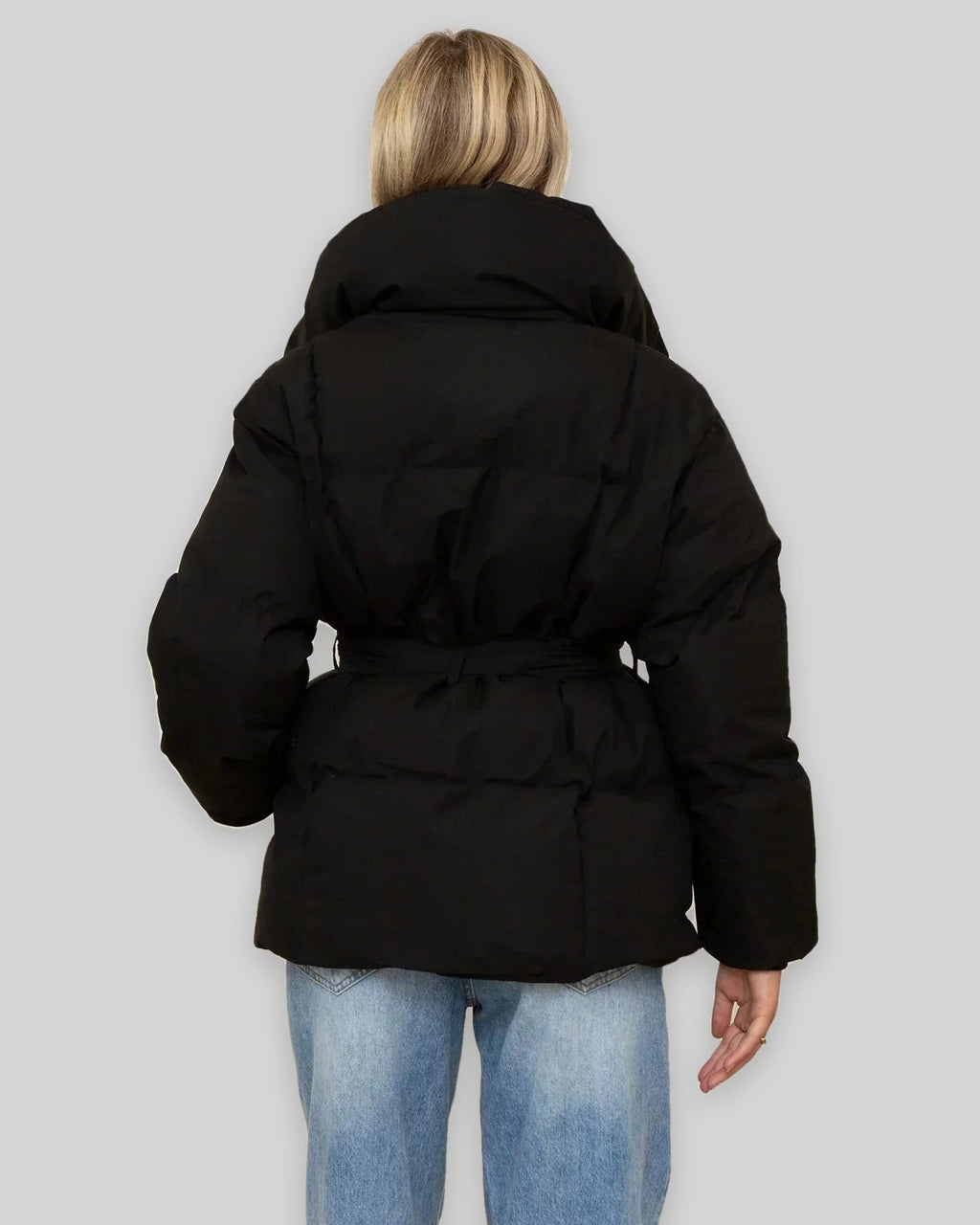 Women's Puffer Jacket with Funnel Neck and Belted Waist, Oversized Fit – Giselle
