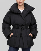 Women's Puffer Jacket with Funnel Neck and Belted Waist, Oversized Fit – Giselle
