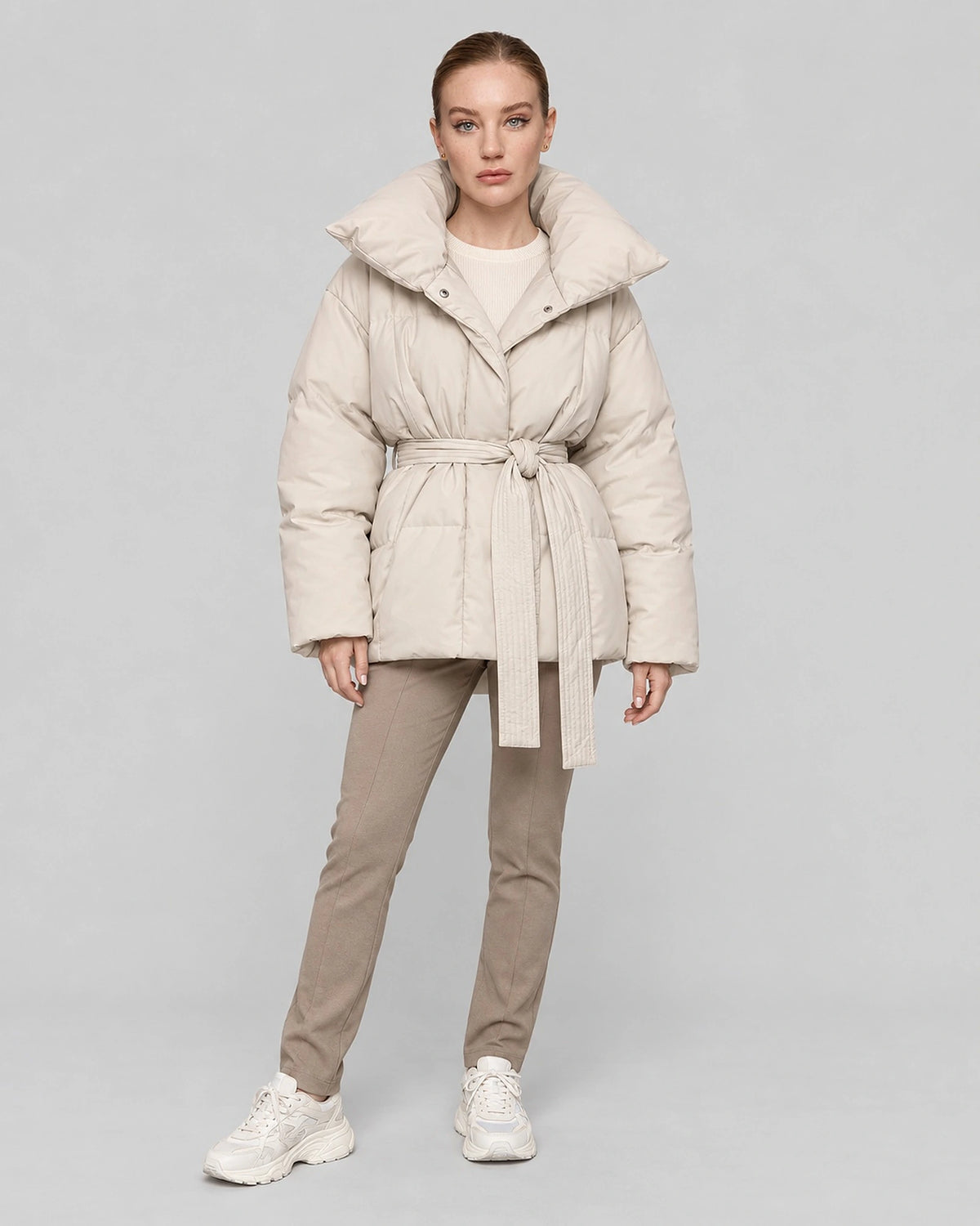 Women's Puffer Jacket with Funnel Neck and Belted Waist, Oversized Fit – Giselle