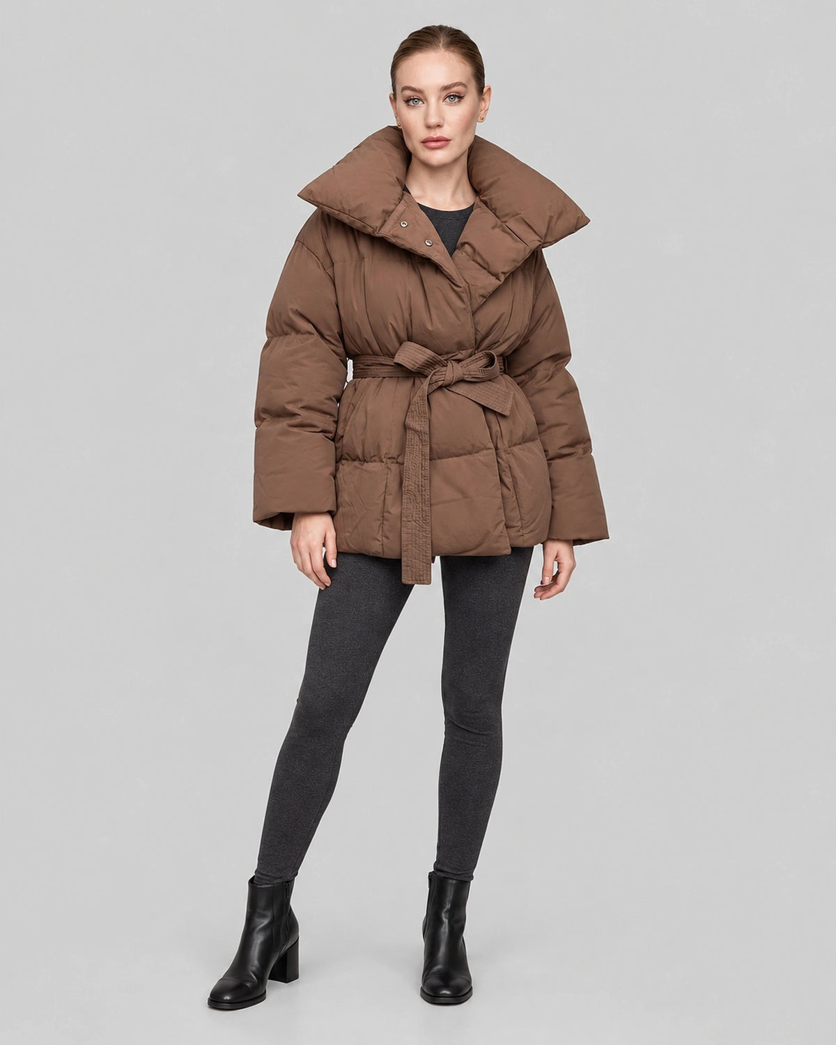Women's Puffer Jacket with Funnel Neck and Belted Waist, Oversized Fit – Giselle