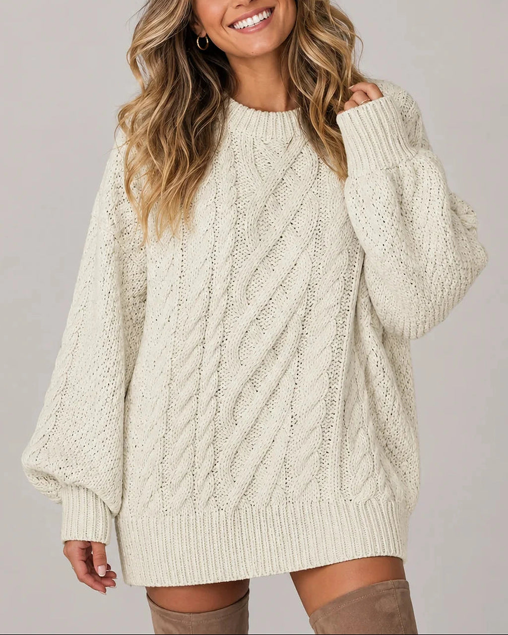 Women's Oversized Cable Knit Jumper Dress for Women with Balloon Long Sleeves – Nora