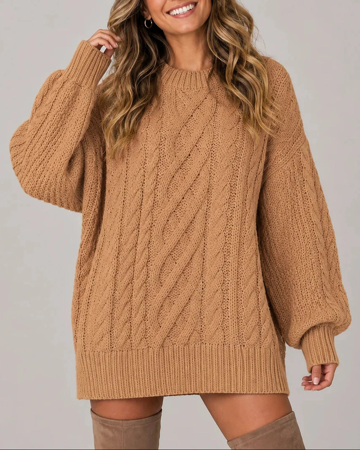 Women's Oversized Cable Knit Jumper Dress for Women with Balloon Long Sleeves – Nora