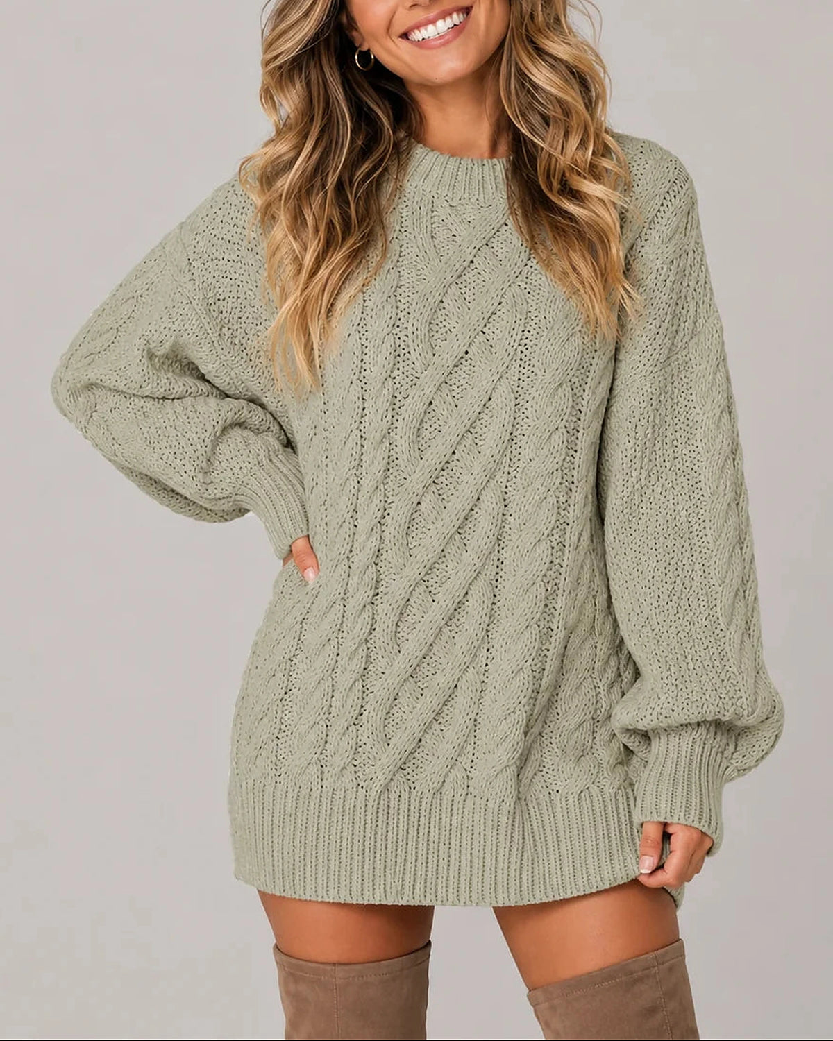 Women's Oversized Cable Knit Jumper Dress for Women with Balloon Long Sleeves – Nora