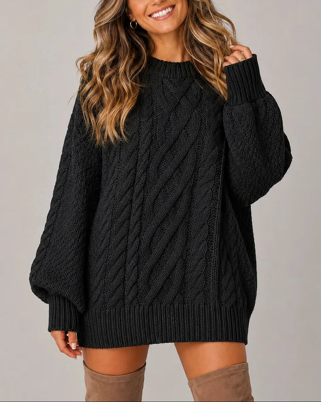 Women's Oversized Cable Knit Jumper Dress for Women with Balloon Long Sleeves – Nora
