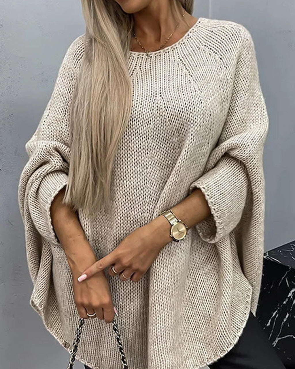 Women's Oversized Cable Knit Jumper with Wide Batwing Sleeves and Round Neck – Nell Rose