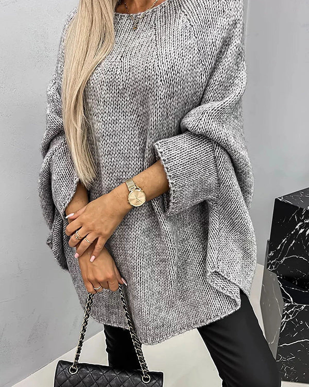 Women's Oversized Cable Knit Jumper with Wide Batwing Sleeves and Round Neck – Nell Rose