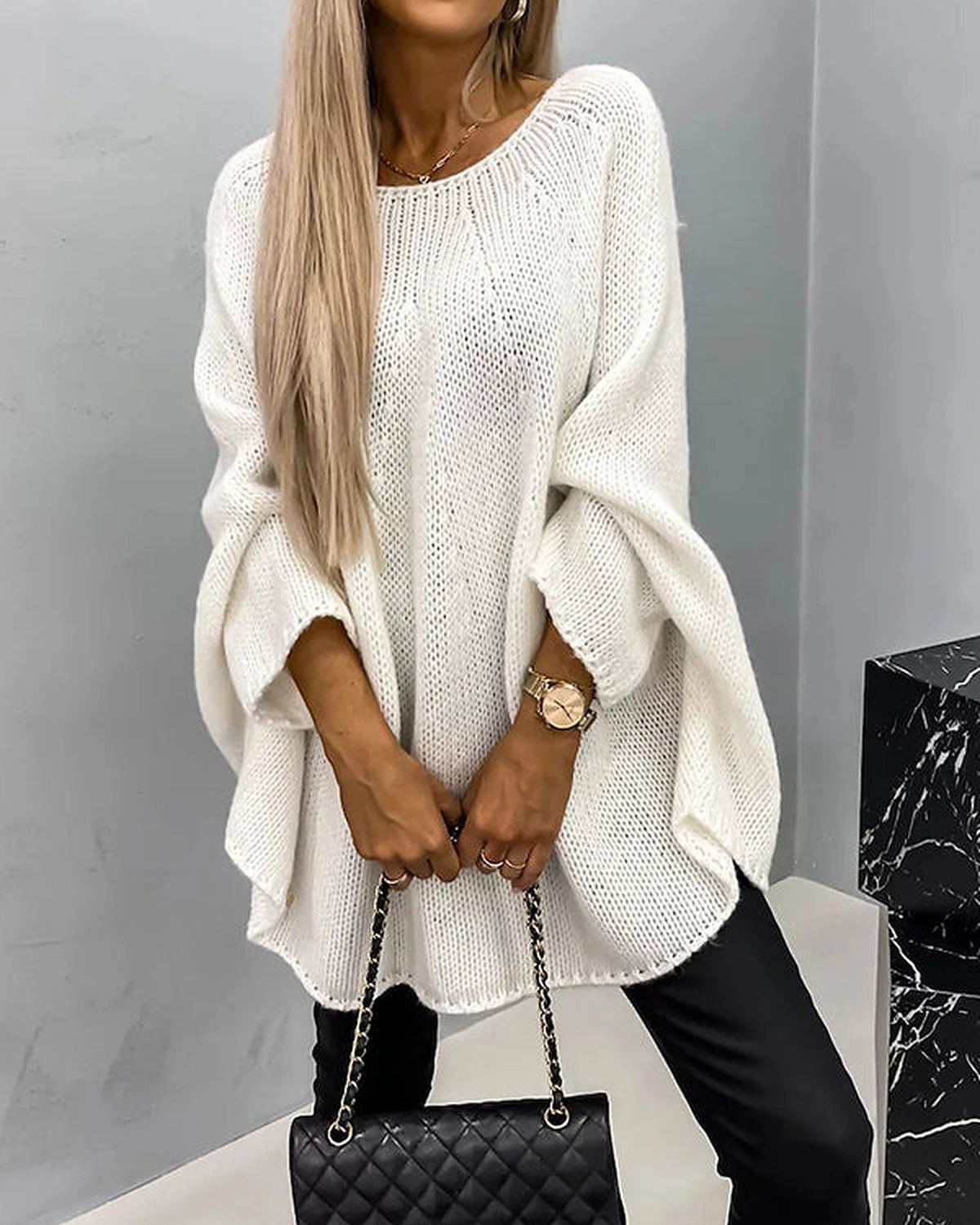 Women's Oversized Cable Knit Jumper with Wide Batwing Sleeves and Round Neck – Nell Rose