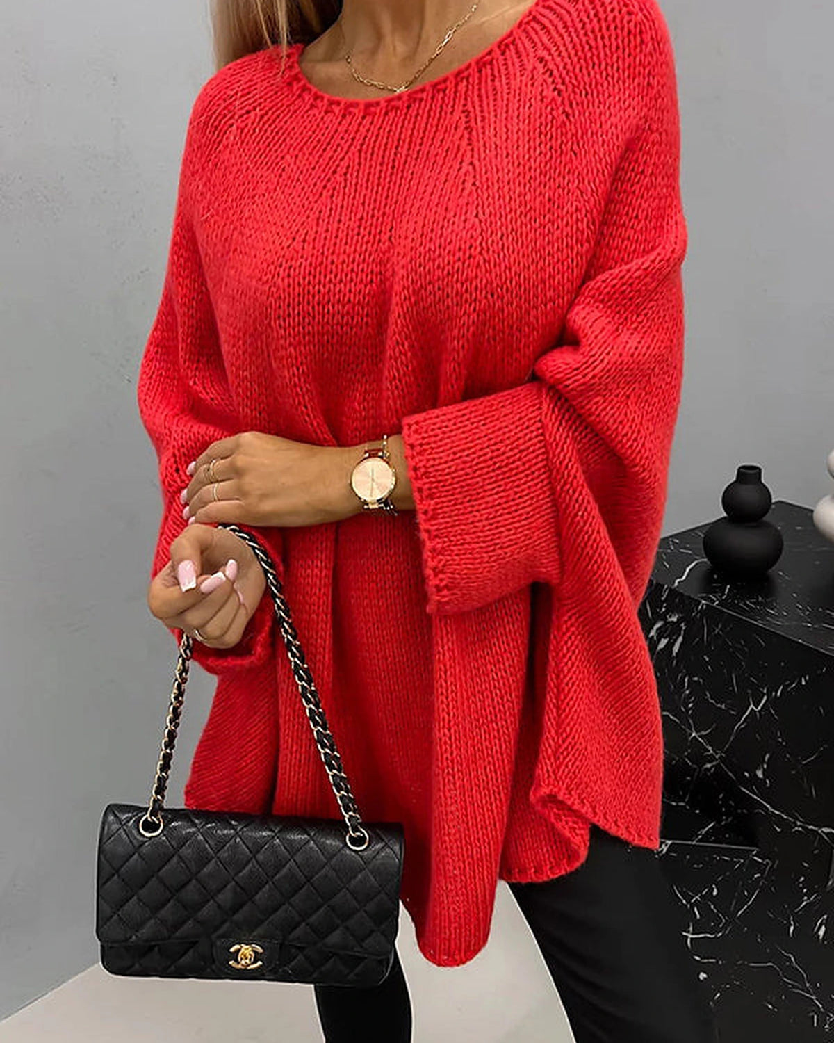 Women's Oversized Cable Knit Jumper with Wide Batwing Sleeves and Round Neck – Nell Rose