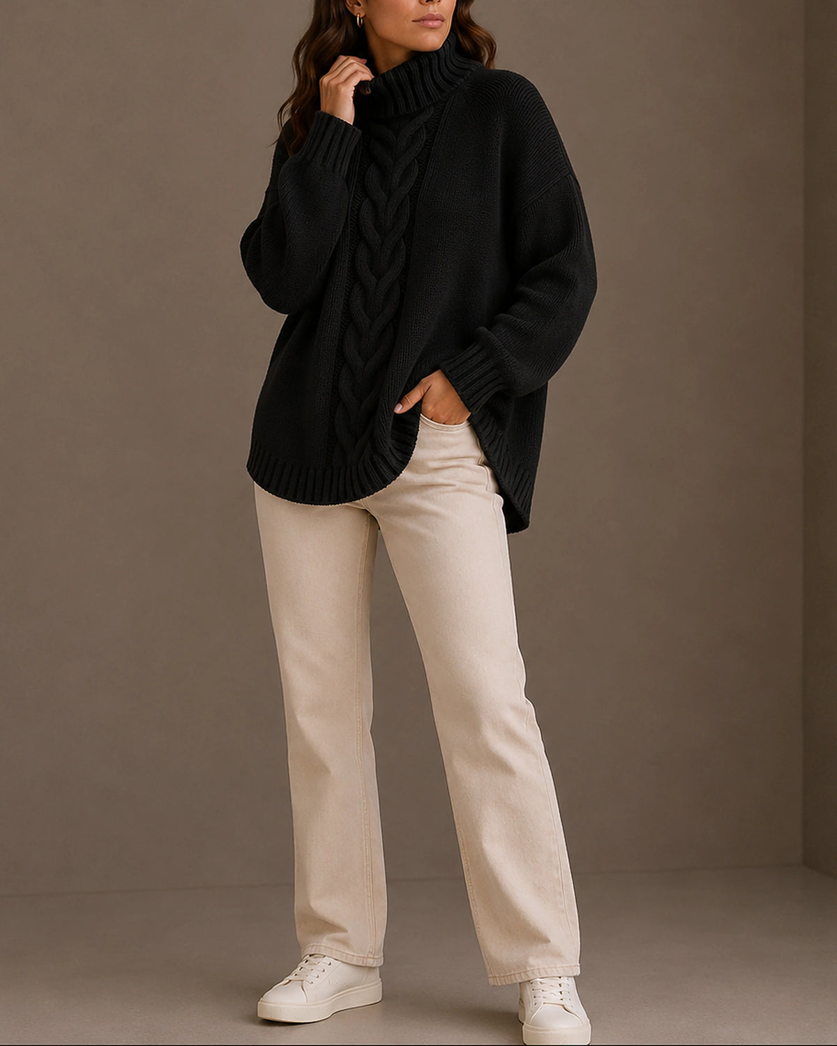 Women's Cable Knit Jumper with Turtleneck, Ribbed Cuffs and Side-Split Hem, Oversized Fit – Beatrix