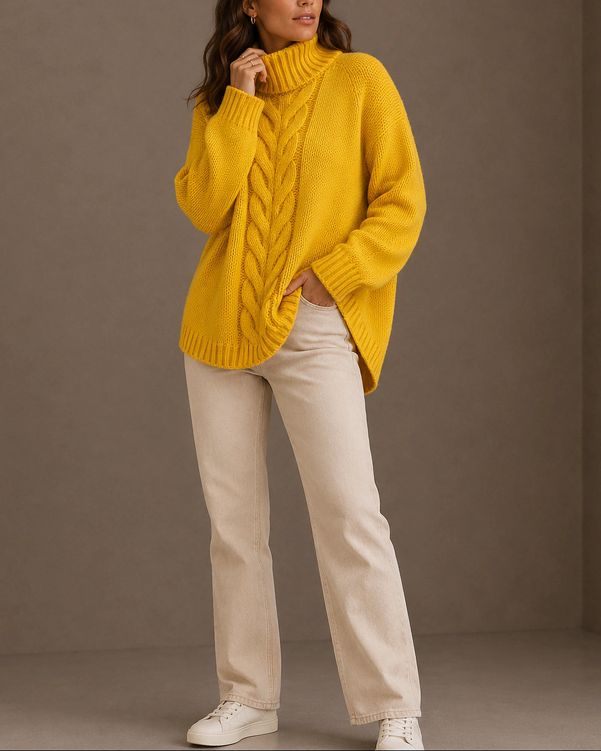 Women's Cable Knit Jumper with Turtleneck, Ribbed Cuffs and Side-Split Hem, Oversized Fit – Beatrix