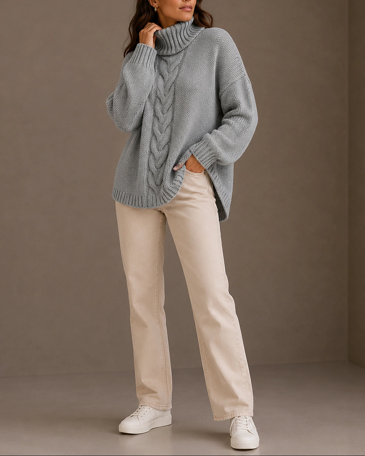 Women's Cable Knit Jumper with Turtleneck, Ribbed Cuffs and Side-Split Hem, Oversized Fit – Beatrix