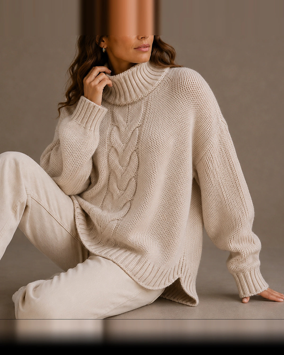 Women's Cable Knit Jumper with Turtleneck, Ribbed Cuffs and Side-Split Hem, Oversized Fit – Beatrix