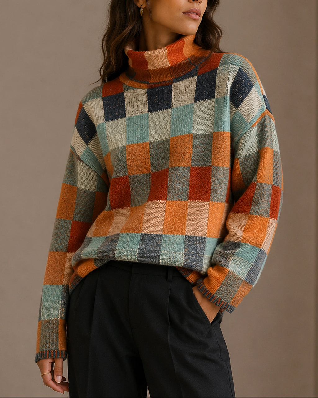Women's Oversized Turtleneck Jumper in Checkerboard Knit with Ribbed Cuffs – Phoebe