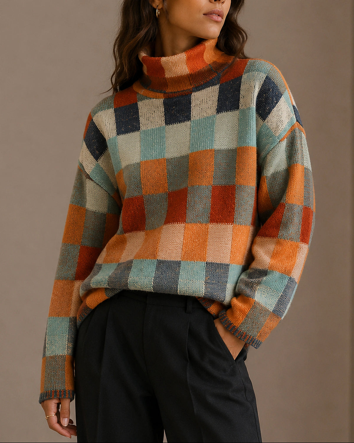 Women's Oversized Turtleneck Jumper in Checkerboard Knit with Ribbed Cuffs – Phoebe