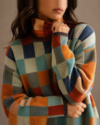 Women's Oversized Turtleneck Jumper in Checkerboard Knit with Ribbed Cuffs – Phoebe