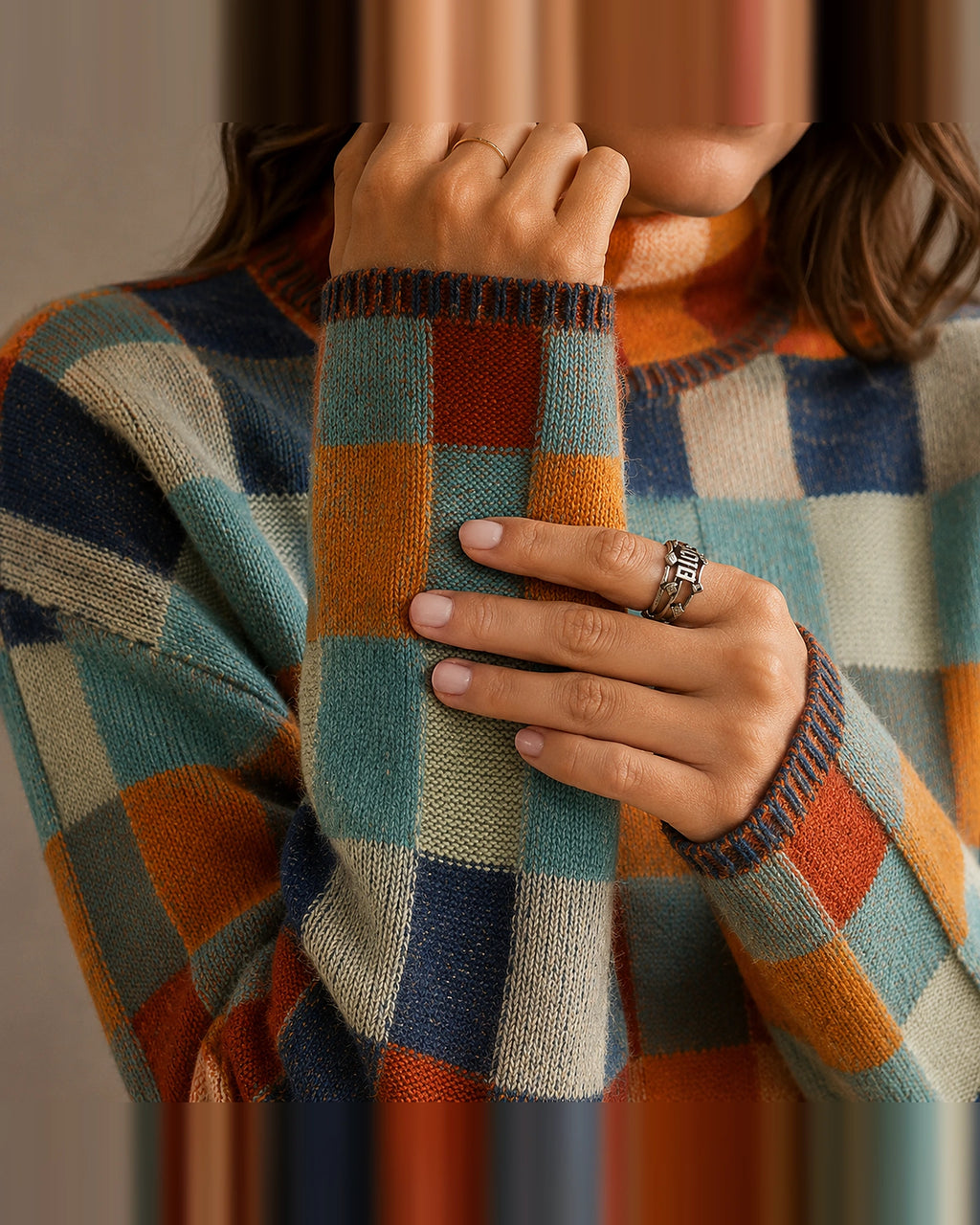 Women's Oversized Turtleneck Jumper in Checkerboard Knit with Ribbed Cuffs – Phoebe