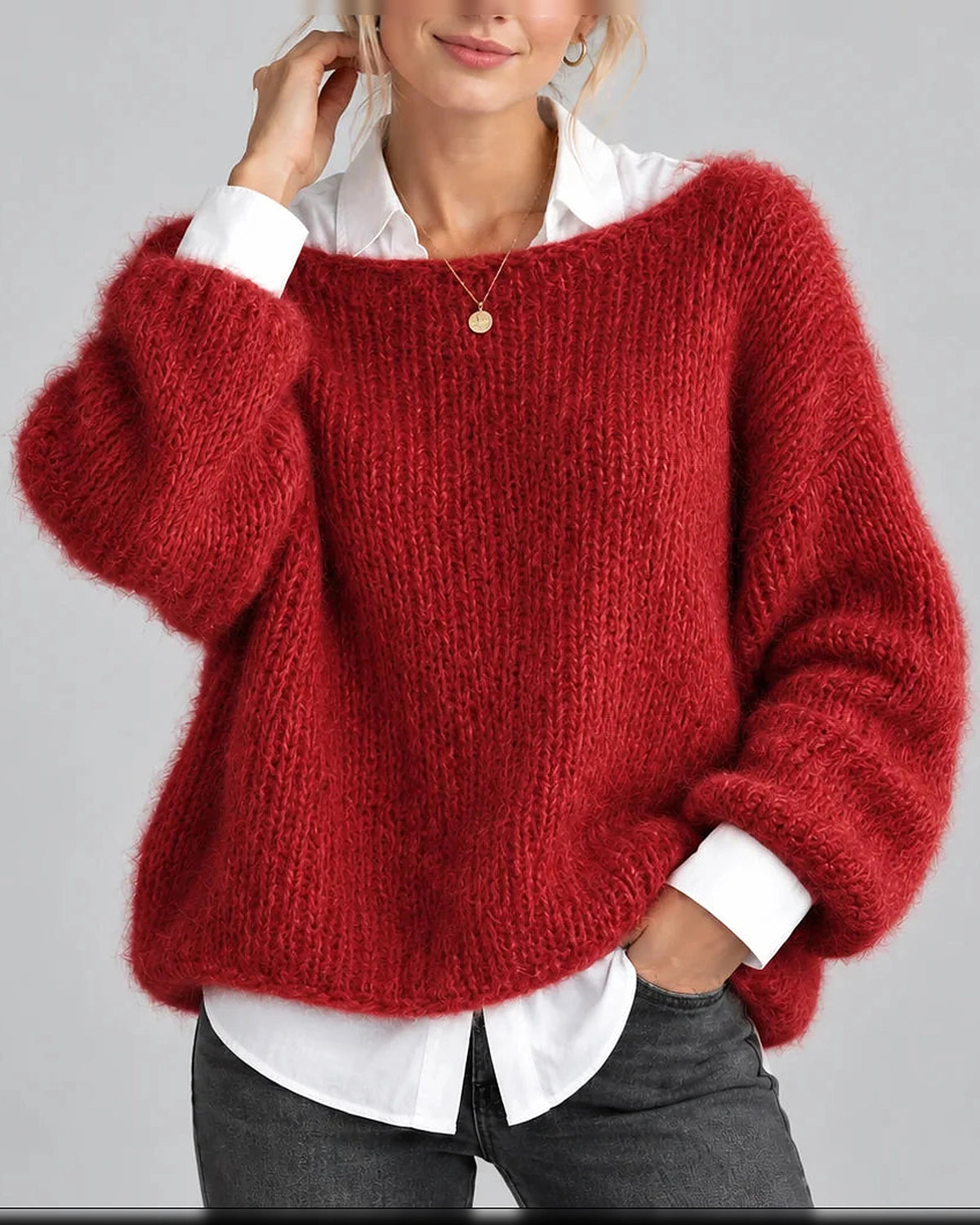 Women's Oversized Chunky Knit Jumper with Boat Neck and Balloon Sleeves – Rosalie