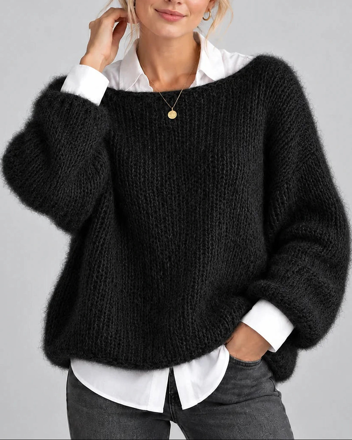Women's Oversized Chunky Knit Jumper with Boat Neck and Balloon Sleeves – Rosalie