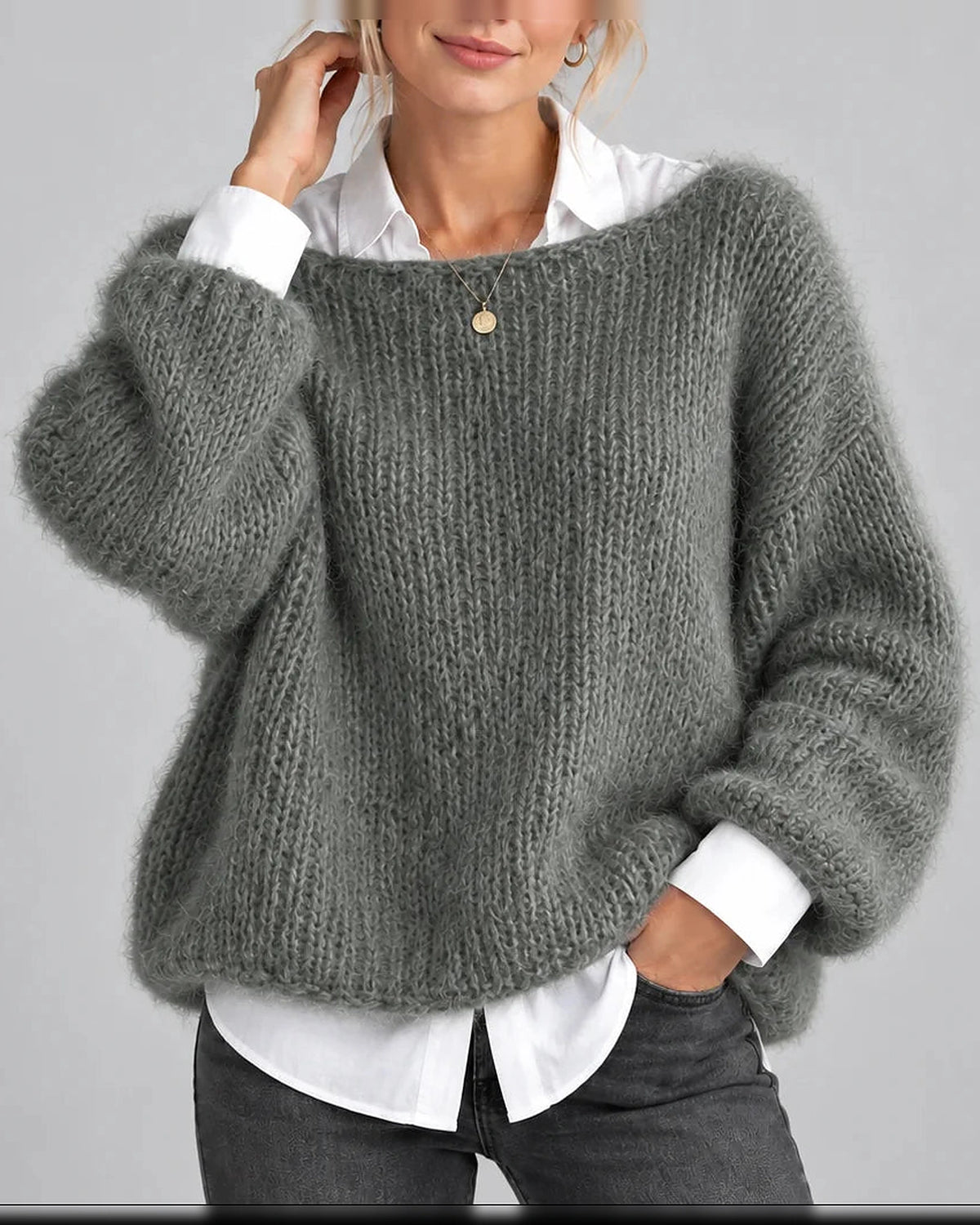 Women's Oversized Chunky Knit Jumper with Boat Neck and Balloon Sleeves – Rosalie