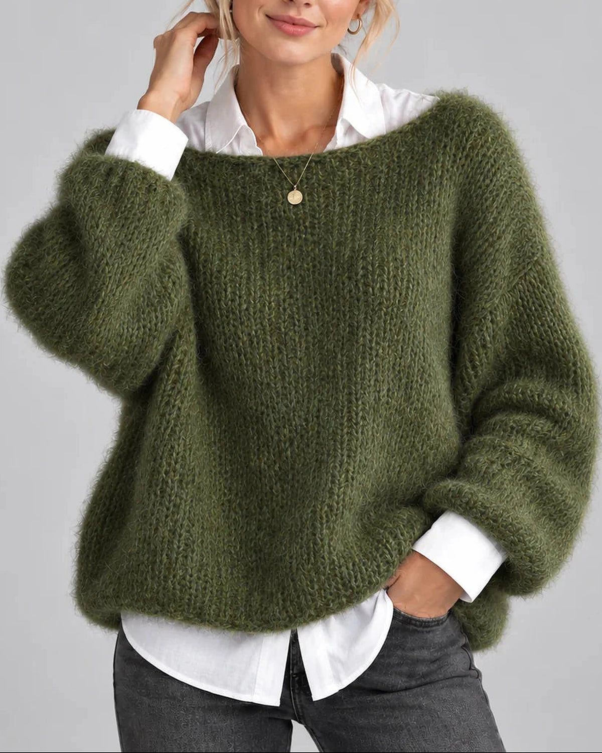 Women's Oversized Chunky Knit Jumper with Boat Neck and Balloon Sleeves – Rosalie