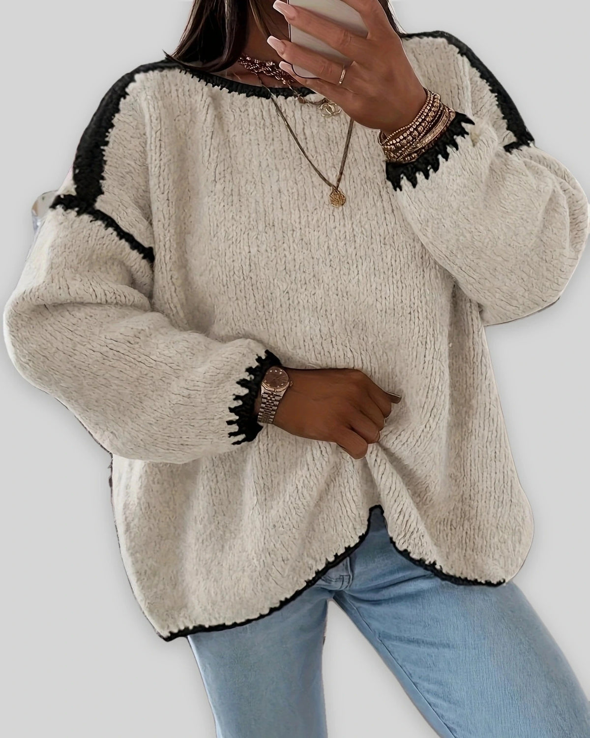Women's Chunky Knit Jumper with Boat Neck and Contrast Trim, Oversized Fit – Stella Grey