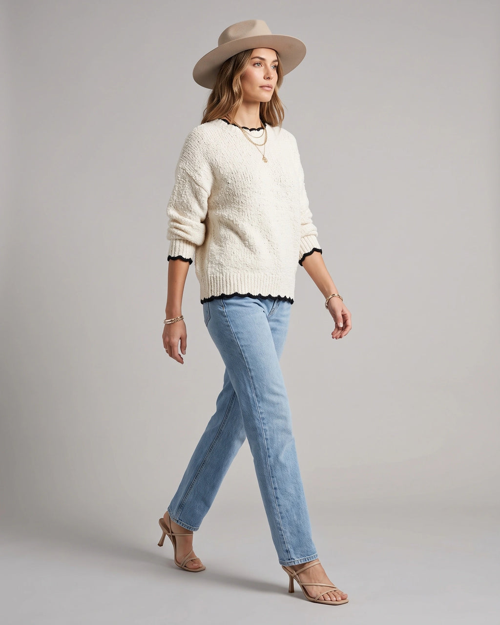 Women's Chunky Knit Jumper with Boat Neck and Contrast Trim, Oversized Fit – Stella Grey