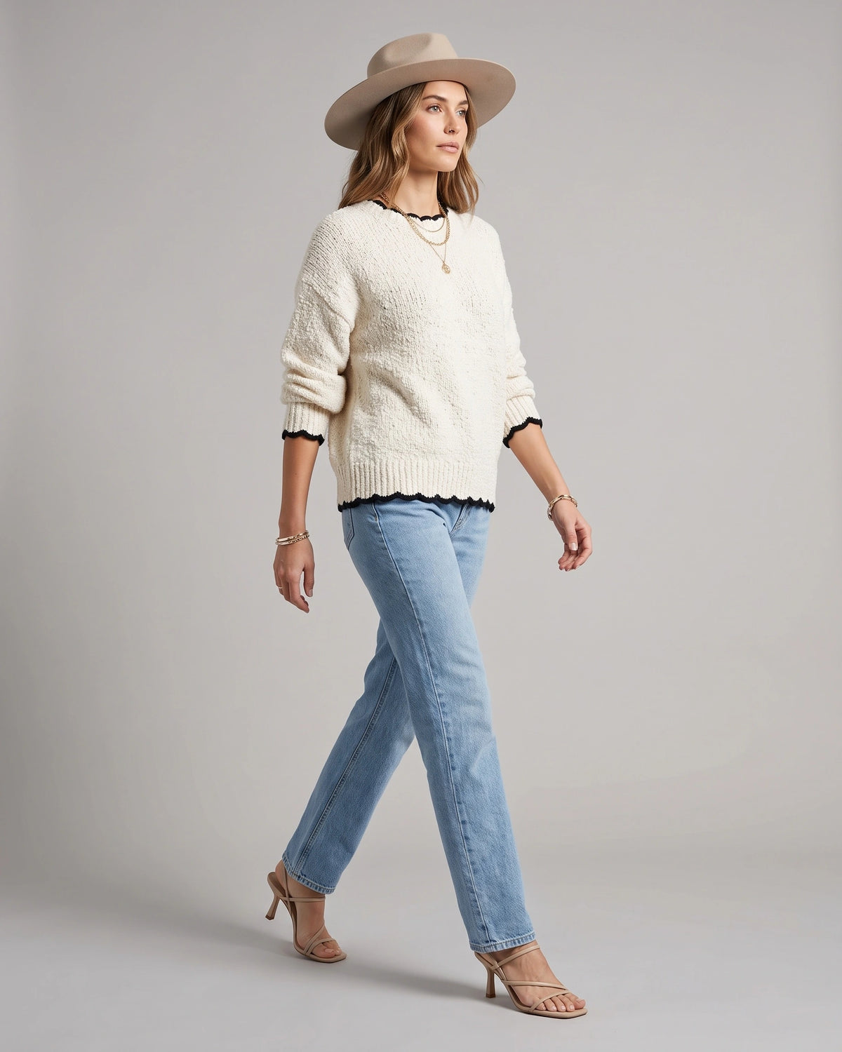Women's Chunky Knit Jumper with Boat Neck and Contrast Trim, Oversized Fit – Stella Grey
