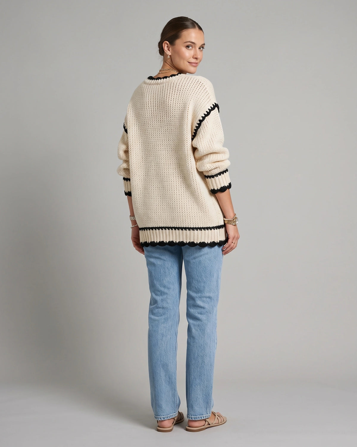 Women's Chunky Knit Jumper with Boat Neck and Contrast Trim, Oversized Fit – Stella Grey
