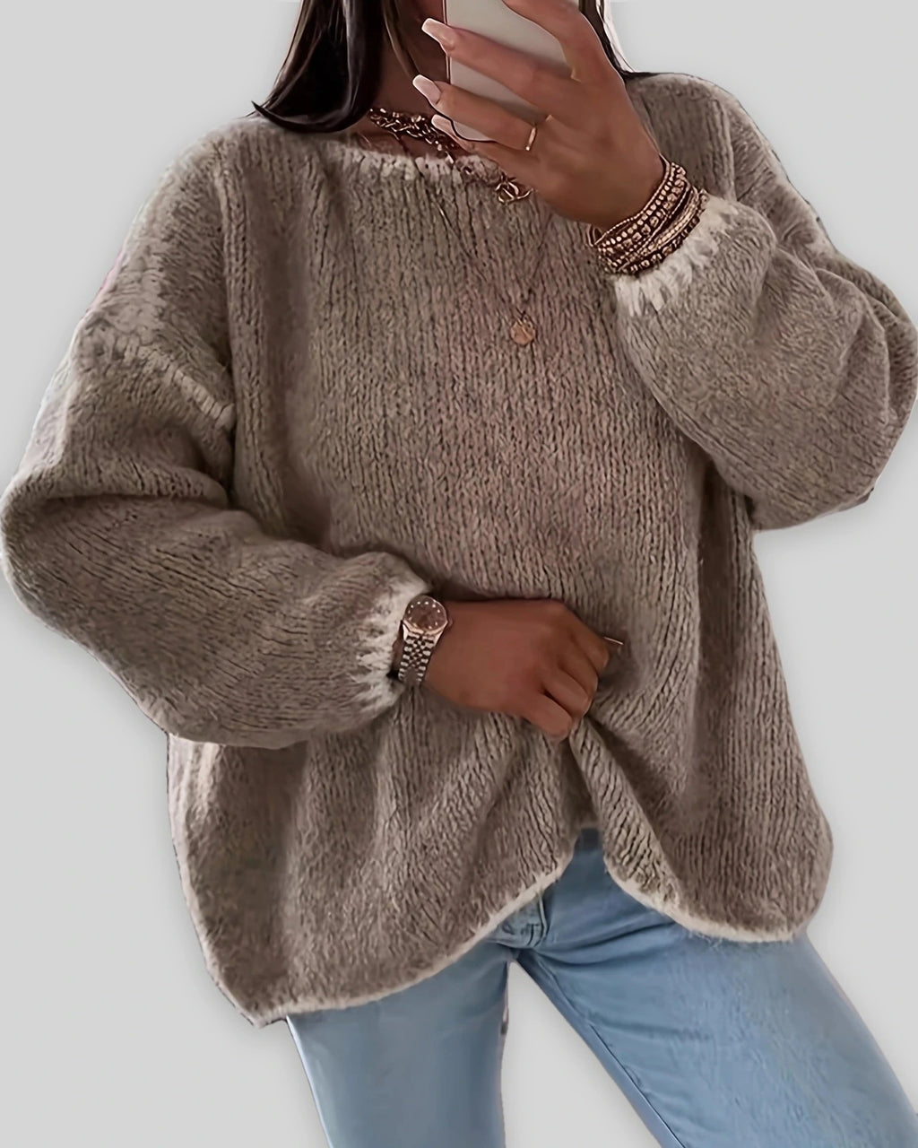 Women's Chunky Knit Jumper with Boat Neck and Contrast Trim, Oversized Fit – Stella Grey
