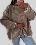 Women's Chunky Knit Jumper with Boat Neck and Contrast Trim, Oversized Fit – Stella Grey