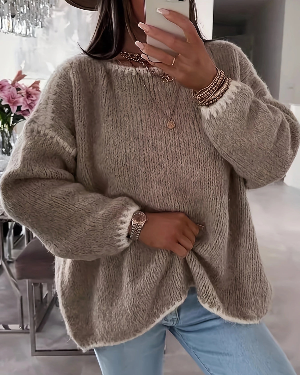 Women's Chunky Knit Jumper with Boat Neck and Contrast Trim, Oversized Fit – Stella Grey