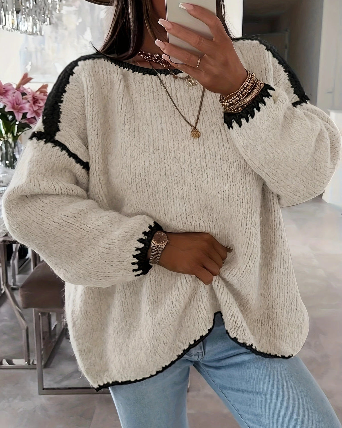 Women's Chunky Knit Jumper with Boat Neck and Contrast Trim, Oversized Fit – Stella Grey