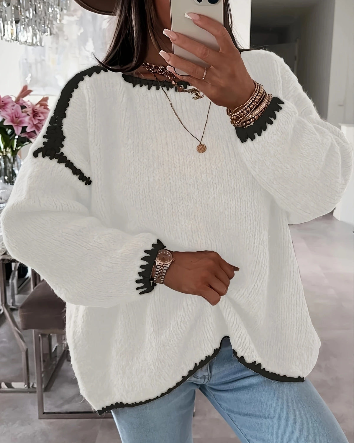 Women's Chunky Knit Jumper with Boat Neck and Contrast Trim, Oversized Fit – Stella Grey