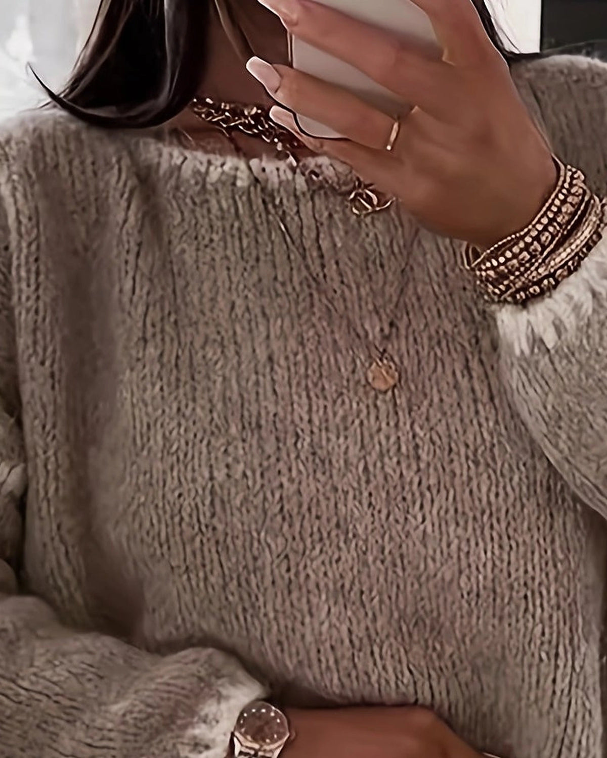 Women's Chunky Knit Jumper with Boat Neck and Contrast Trim, Oversized Fit – Stella Grey