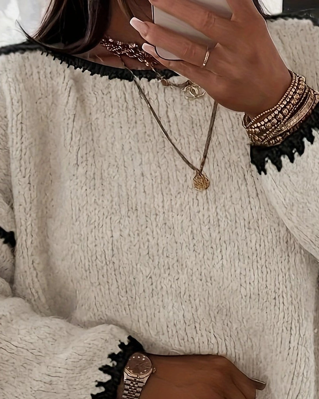 Women's Chunky Knit Jumper with Boat Neck and Contrast Trim, Oversized Fit – Stella Grey