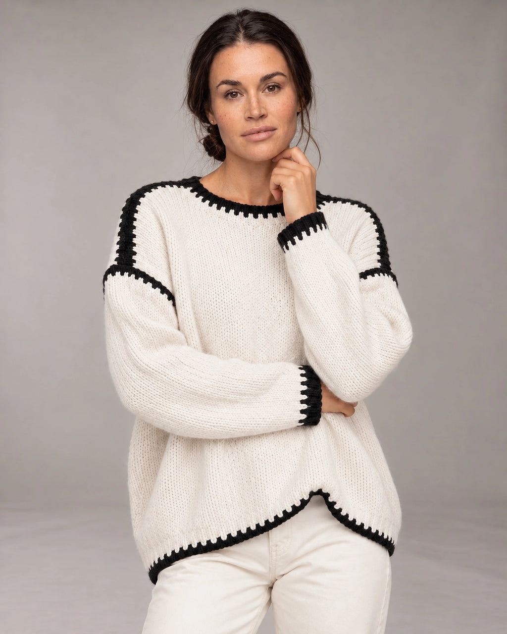 Women's Chunky Knit Jumper with Boat Neck and Contrast Whipstitch Trim, Oversized Fit – Ava