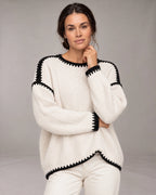 Women's Chunky Knit Jumper with Boat Neck and Contrast Whipstitch Trim, Oversized Fit – Ava