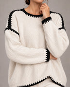 Women's Chunky Knit Jumper with Boat Neck and Contrast Whipstitch Trim, Oversized Fit – Ava