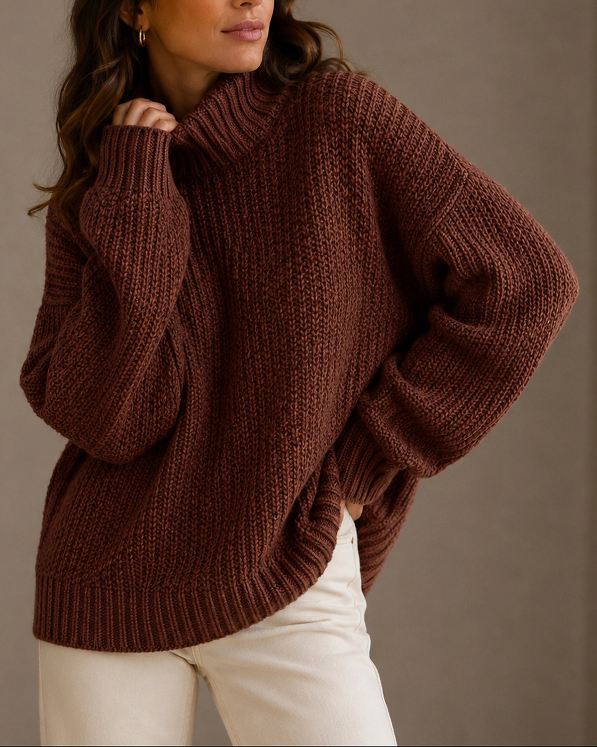 Women's Oversized Chunky Knit Turtleneck Jumper with Dropped Shoulders – Gemma