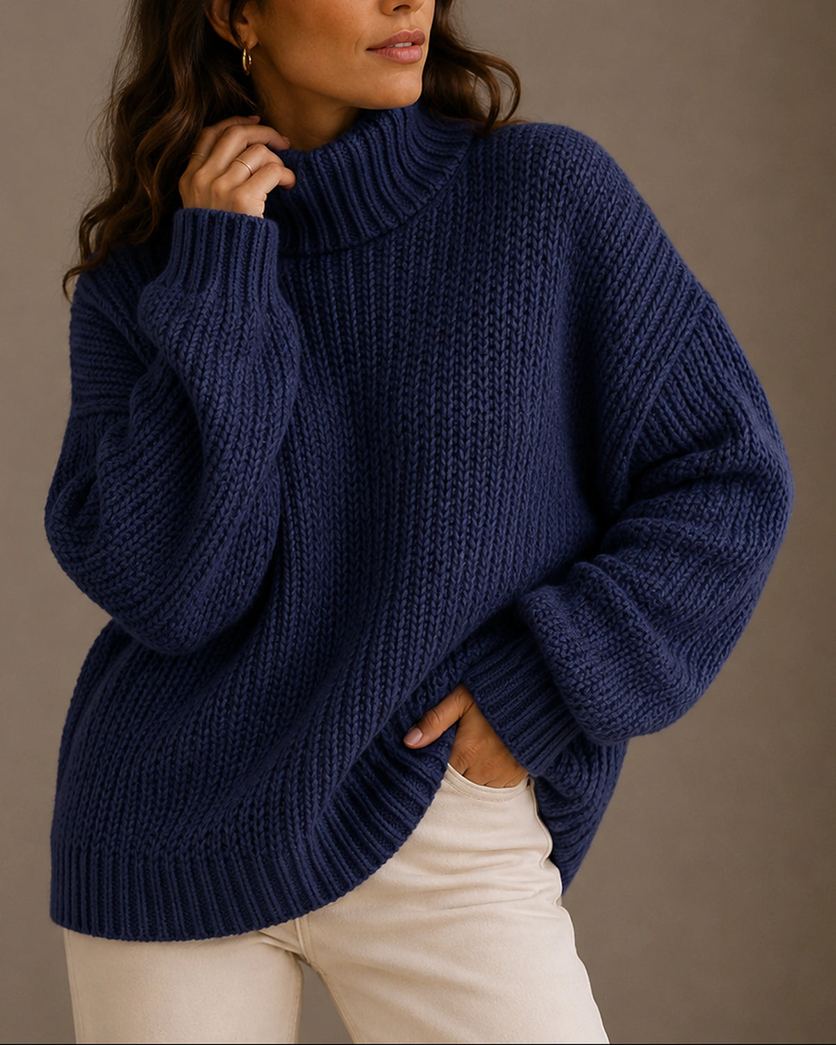 Women's Oversized Chunky Knit Turtleneck Jumper with Dropped Shoulders – Gemma