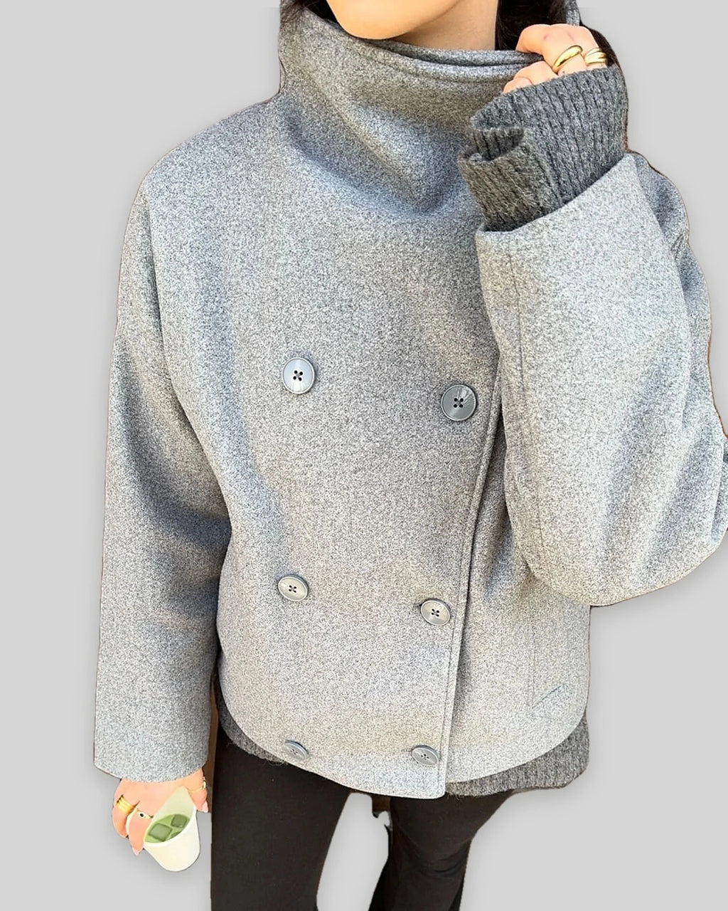 Women's Double-Breasted Oversized Stand Collar Jacket, Wool Blend – Fleur Grey