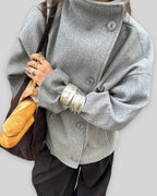 Women's Double-Breasted Oversized Stand Collar Jacket, Wool Blend – Fleur Grey