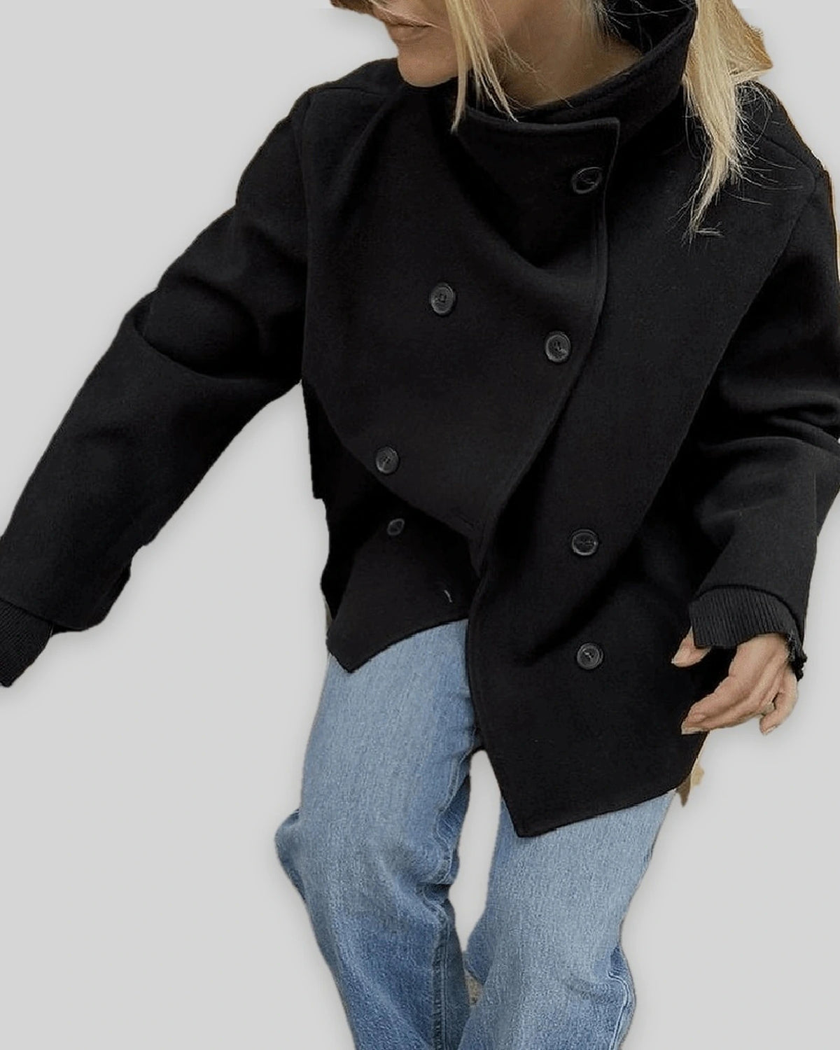Women's Double-Breasted Oversized Stand Collar Jacket, Wool Blend – Fleur Grey