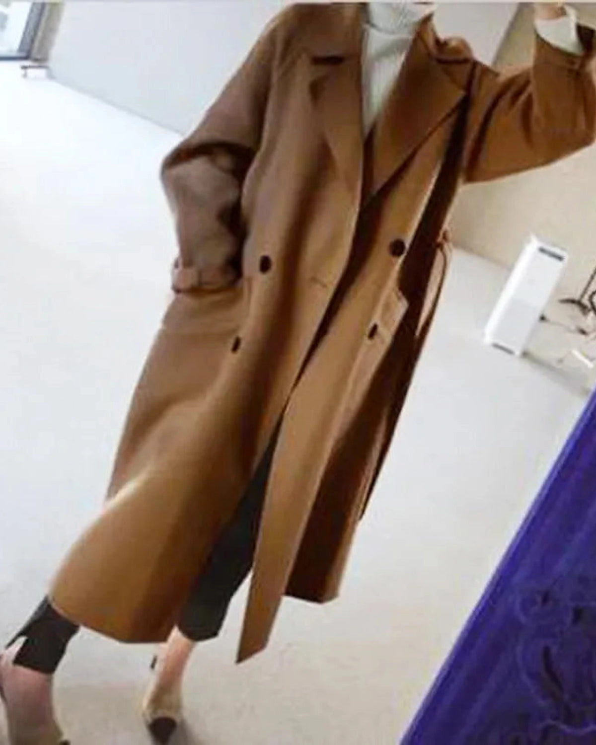 Women's Oversized Double-Breasted Wool-Blend Coat with Belt and Notch Lapels – Cora Mae