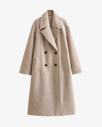 Women's Oversized Double-Breasted Wool-Blend Coat with Wide Lapel Collar in Beige – Greta Belle